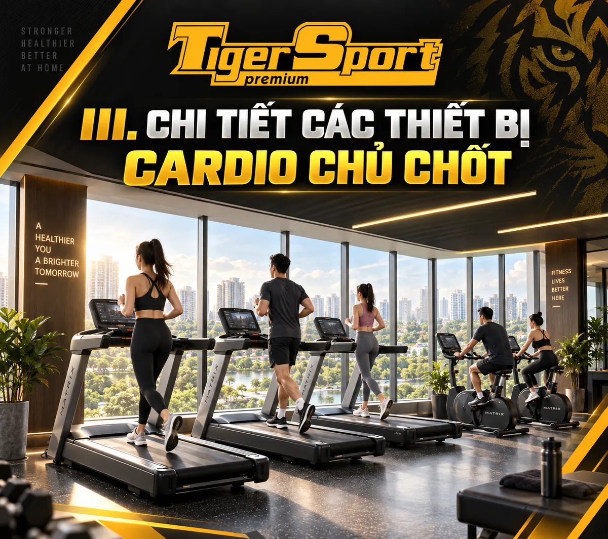 Khu vực tập cardio trong phòng gym chung cư với máy chạy bộ và xe đạp hiện đại, giúp cư dân nâng cao sức bền.