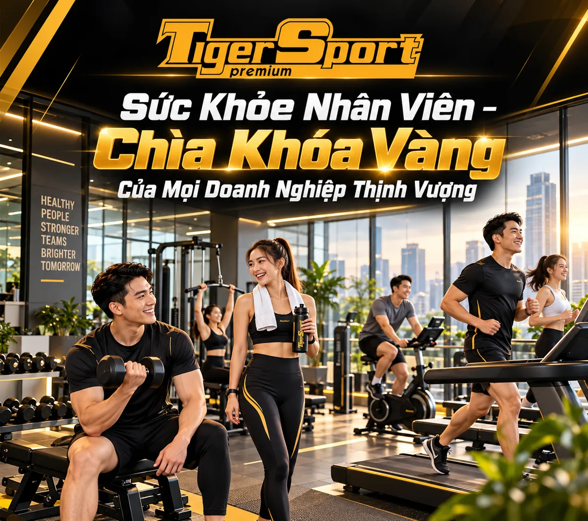 Nhân viên văn phòng tập gym vui vẻ, phòng gym công ty hiện đại, thiết bị tập đa năng, tăng cường sức khỏe nhân viên, phúc lợi doanh nghiệp.