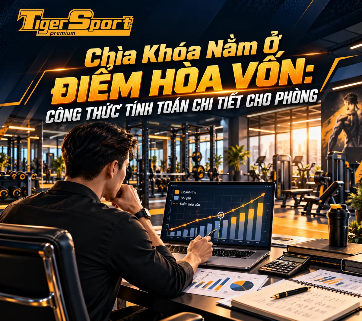 Infographic minh họa công thức tính điểm hòa vốn chi tiết cho phòng gym, hiển thị rõ các thành phần chi phí cố định, biến đổi và doanh thu để đạt được lợi nhuận.