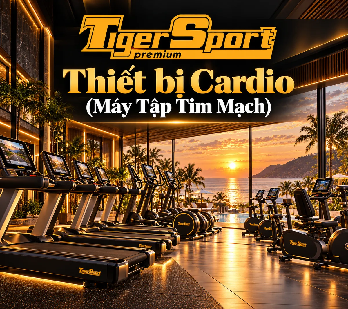 Khu vực Cardio phòng gym resort hiện đại với máy chạy bộ, xe đạp, elliptical và view đẹp, phục vụ khách hàng năng động.