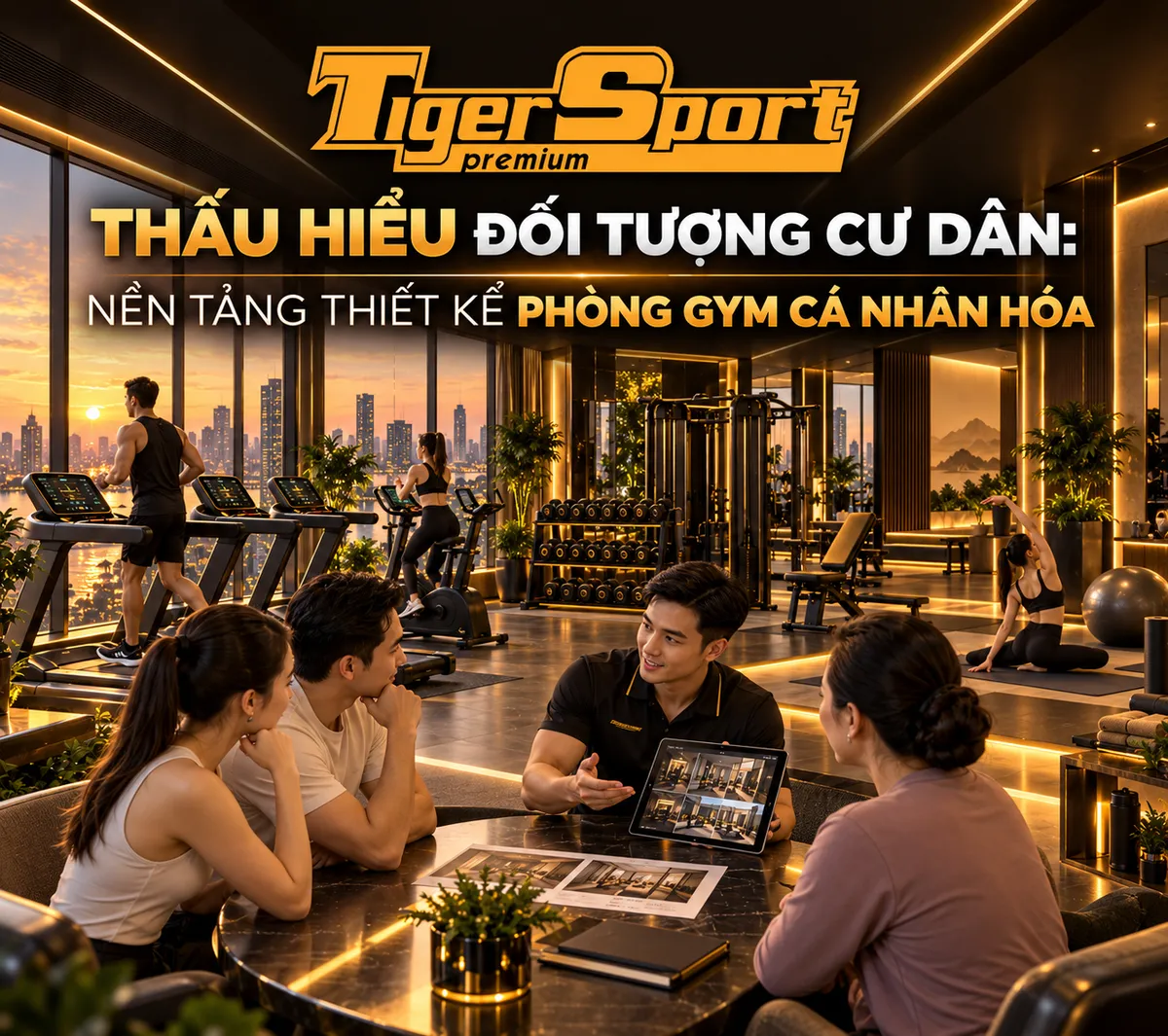 Cư dân đa dạng tập luyện trong các khu vực khác nhau của phòng gym căn hộ cao cấp, thể hiện thiết kế phòng gym cá nhân hóa.