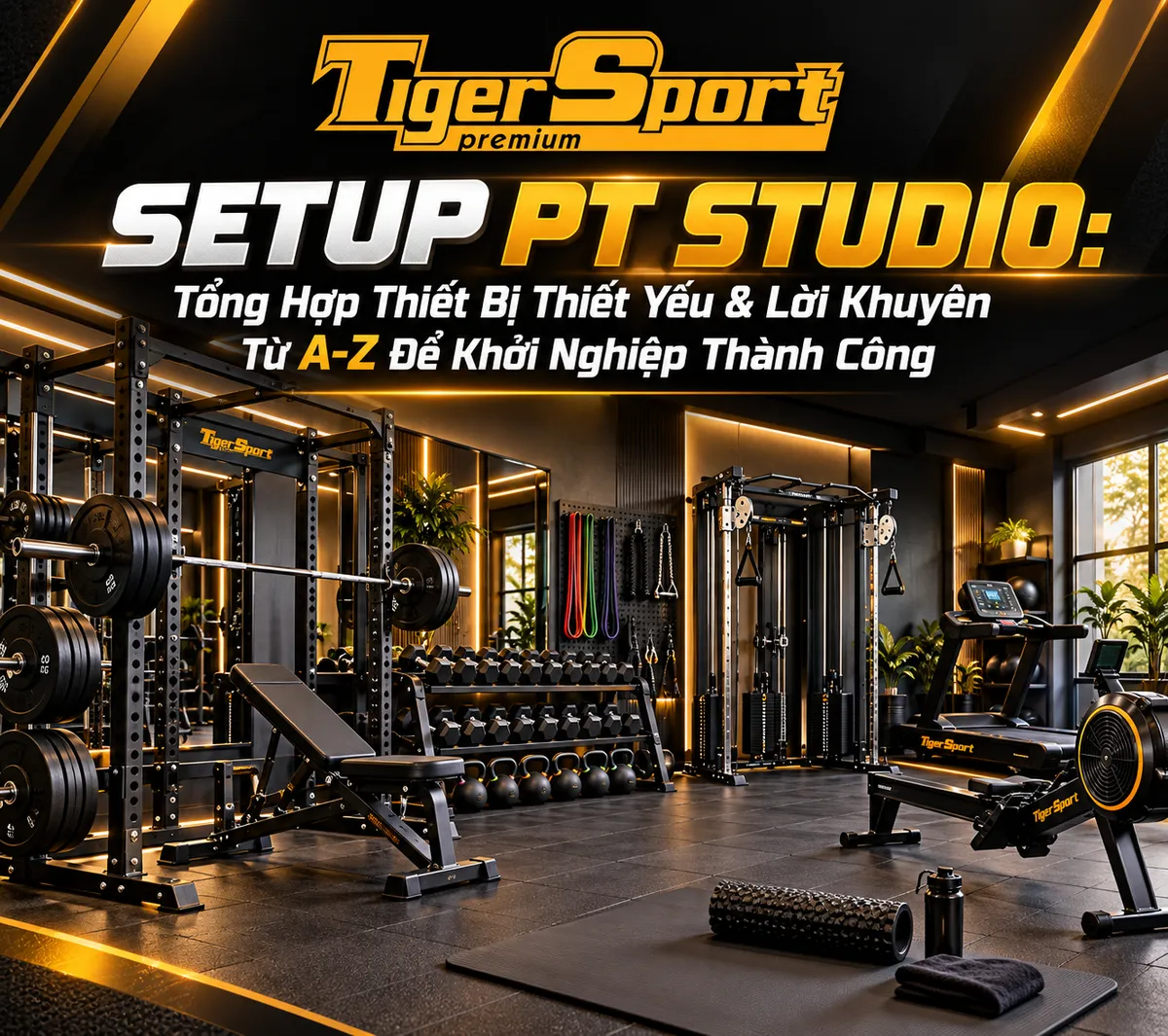 Hình ảnh tổng quan PT Studio hiện đại, sạch sẽ với đa dạng thiết bị tập luyện, minh họa cách setup PT Studio hiệu quả và thu hút khách hàng.