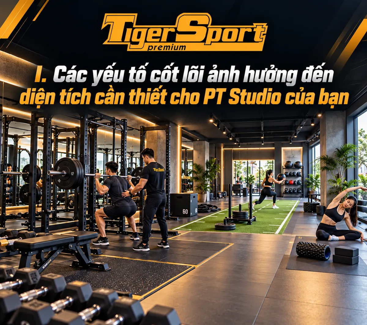 Infographic minh họa các yếu tố cốt lõi ảnh hưởng đến diện tích cần thiết khi mở PT Studio, bao gồm số lượng người, loại hình dịch vụ và chủng loại thiết bị tập luyện.