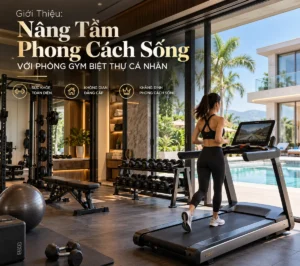 Phòng gym biệt thự hiện đại, sang trọng với thiết bị tập đa năng cao cấp của Tiger Sport, nội thất tinh tế và ánh sáng tự nhiên.