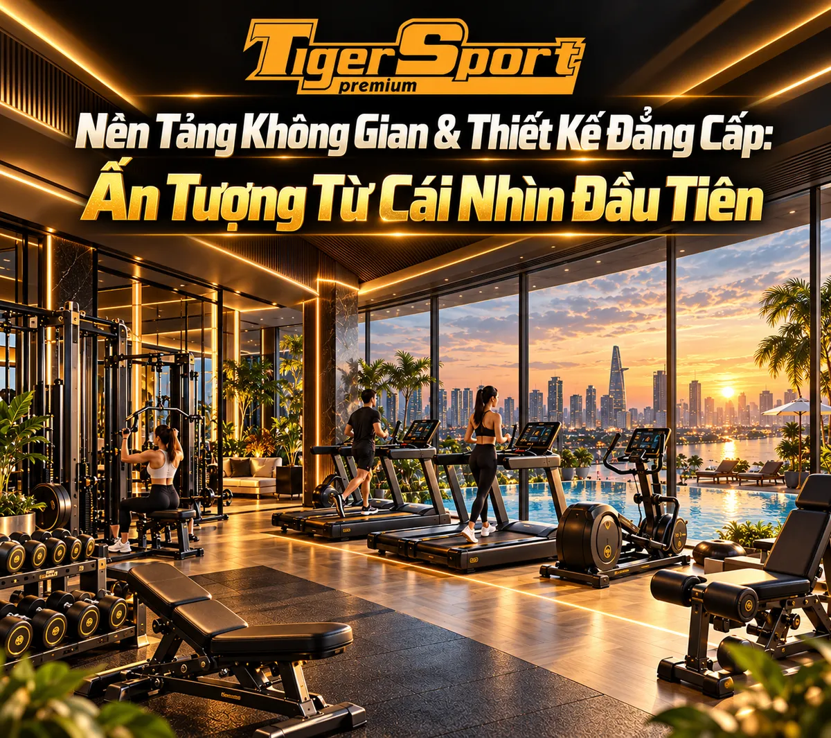 Phòng gym khách sạn cao cấp với thiết kế hiện đại, tường kính lớn, tận dụng tối đa ánh sáng tự nhiên và tầm nhìn panorama đẹp mắt.