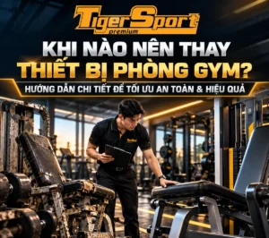 Hình ảnh tổng quan một phòng gym hiện đại, sạch sẽ, với các thiết bị tập gym mới và hội viên đang tập luyện, minh họa tầm quan trọng của việc thay thế thiết bị phòng gym đúng lúc để tối ưu an toàn và hiệu quả.