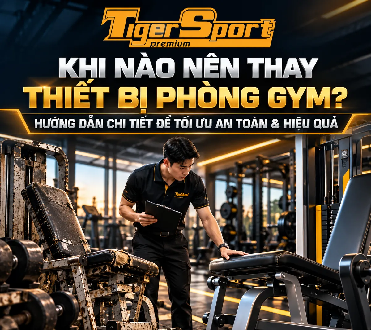 Hình ảnh tổng quan một phòng gym hiện đại, sạch sẽ, với các thiết bị tập gym mới và hội viên đang tập luyện, minh họa tầm quan trọng của việc thay thế thiết bị phòng gym đúng lúc để tối ưu an toàn và hiệu quả.
