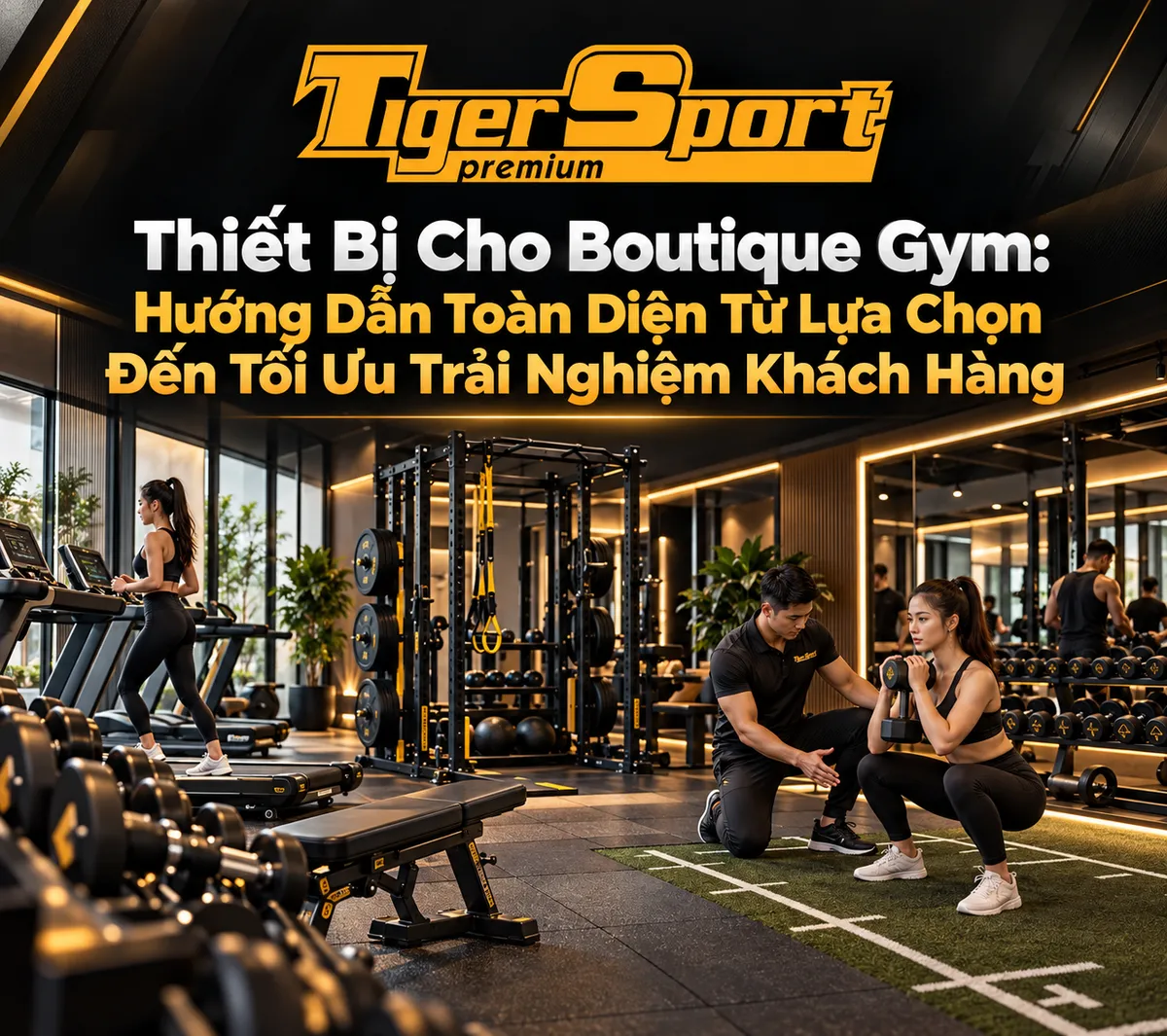 Hình ảnh tổng quan một boutique gym hiện đại, sang trọng với thiết bị tập luyện tinh tế, không gian gọn gàng và đẳng cấp, thể hiện xu hướng boutique gym.