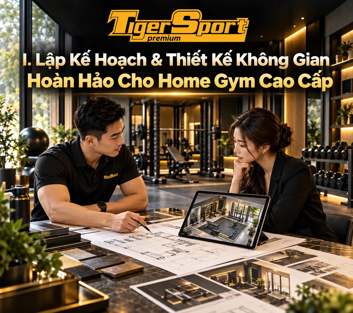 Bản vẽ 3D home gym cao cấp, sơ đồ bố trí không gian phòng gym tại nhà với các khu vực chức năng được phân chia rõ ràng và khoa học.
