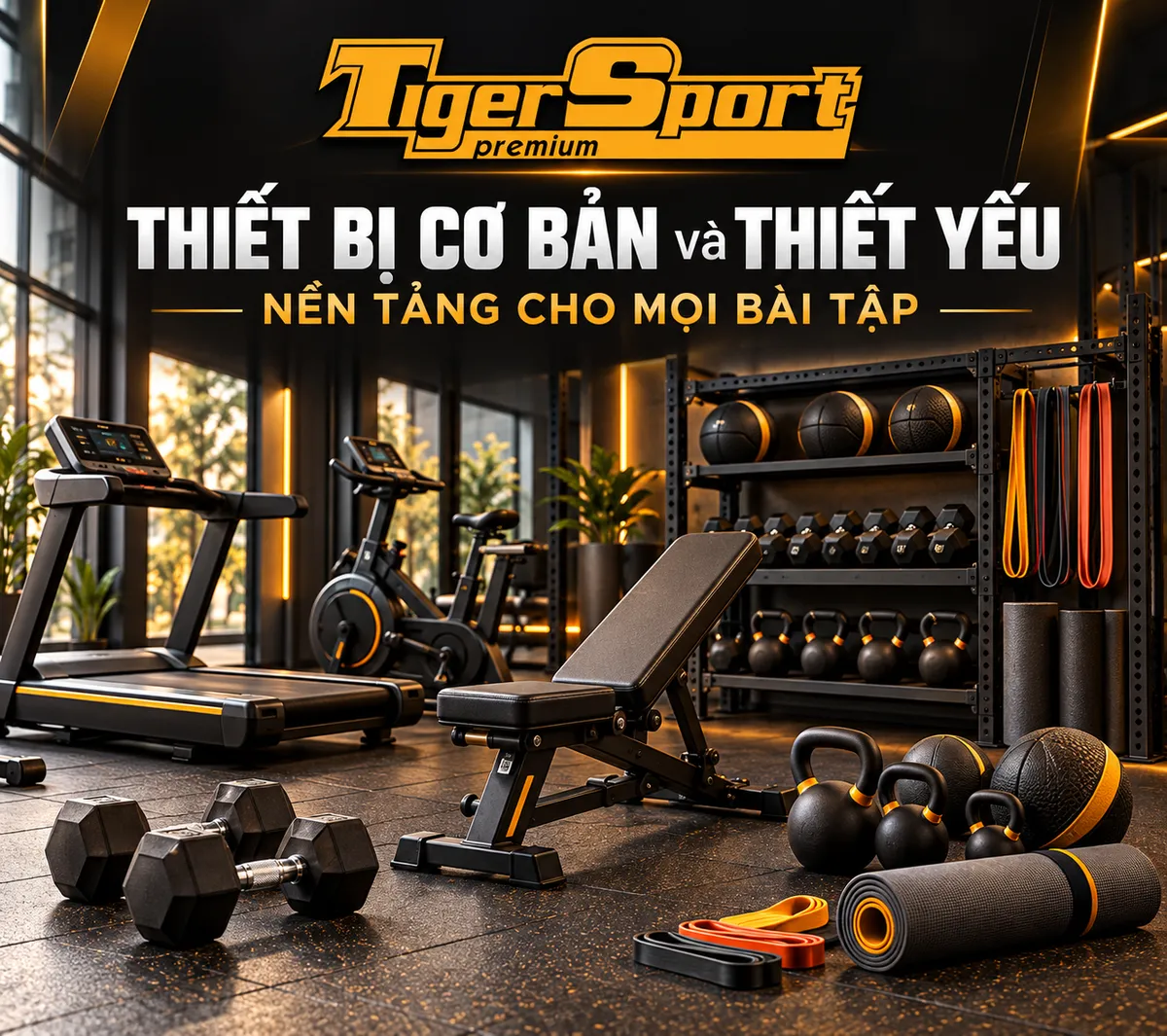 Bộ thiết bị tập luyện cơ bản gồm tạ đơn, tạ đòn, thảm tập, dây kháng lực và bóng tập, những dụng cụ thiết yếu khi setup PT Studio.