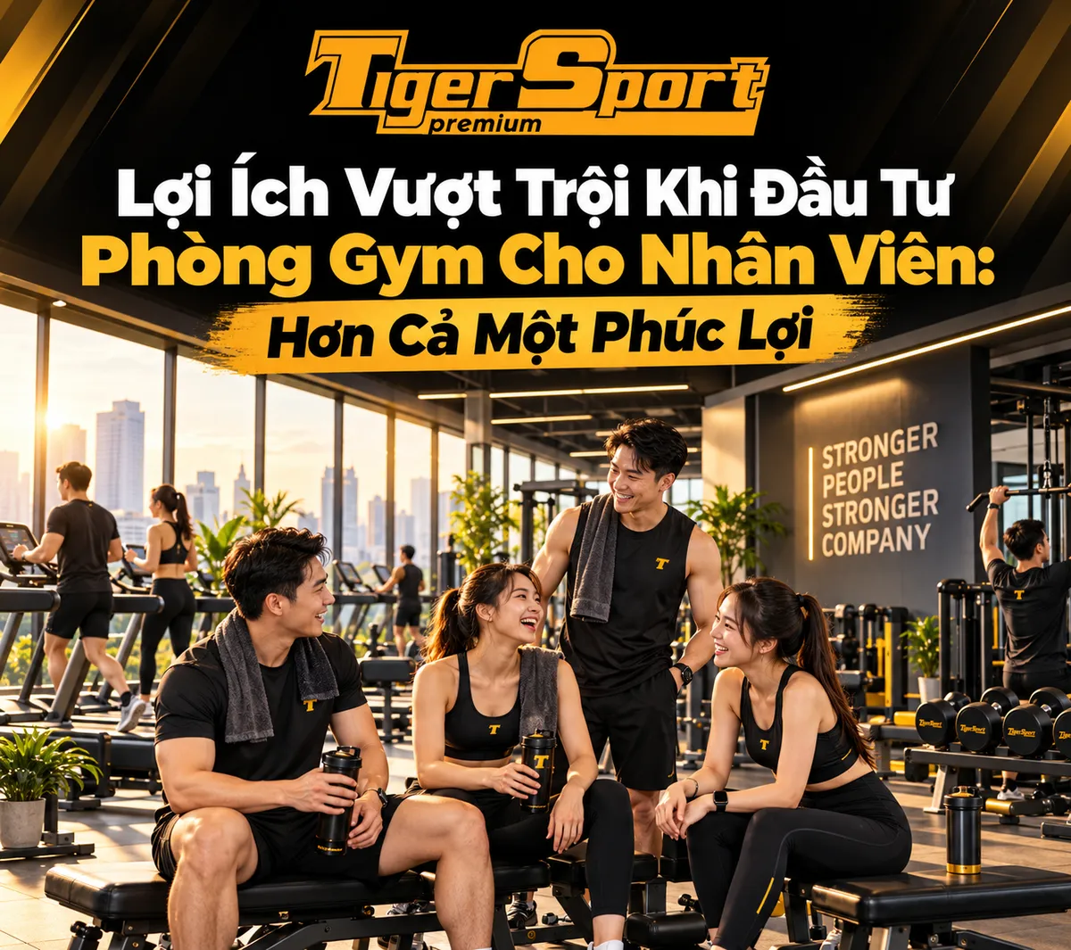 Infographic lợi ích phòng gym công ty, biểu đồ sức khỏe nhân viên, tăng năng suất làm việc, giảm chi phí y tế doanh nghiệp, nâng cao tinh thần đội ngũ.