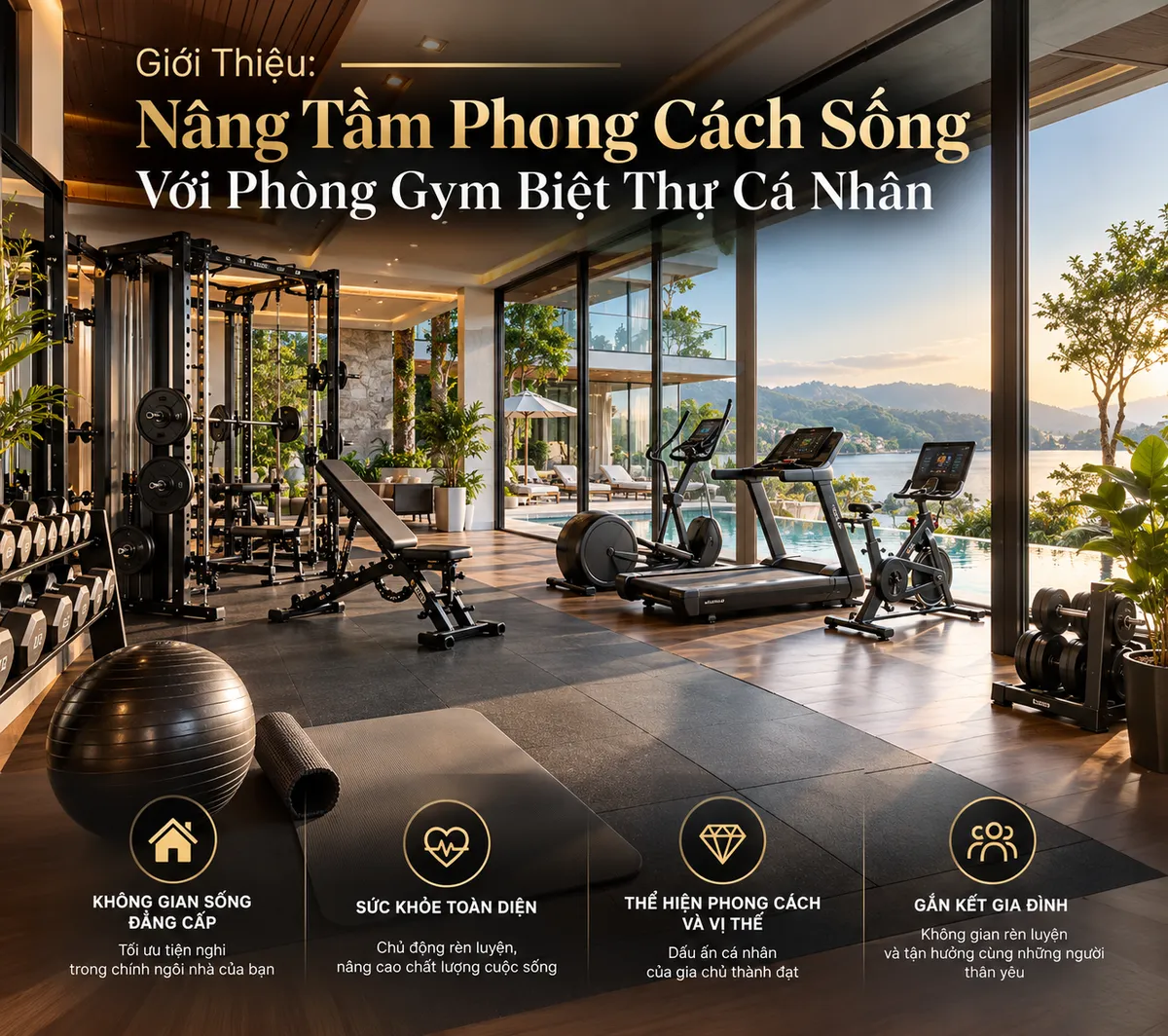 Bản thiết kế phòng gym biệt thự sang trọng, hiển thị các yếu tố không gian, ngân sách, mục tiêu và thiết bị tập đùi Leg Press cao cấp.
