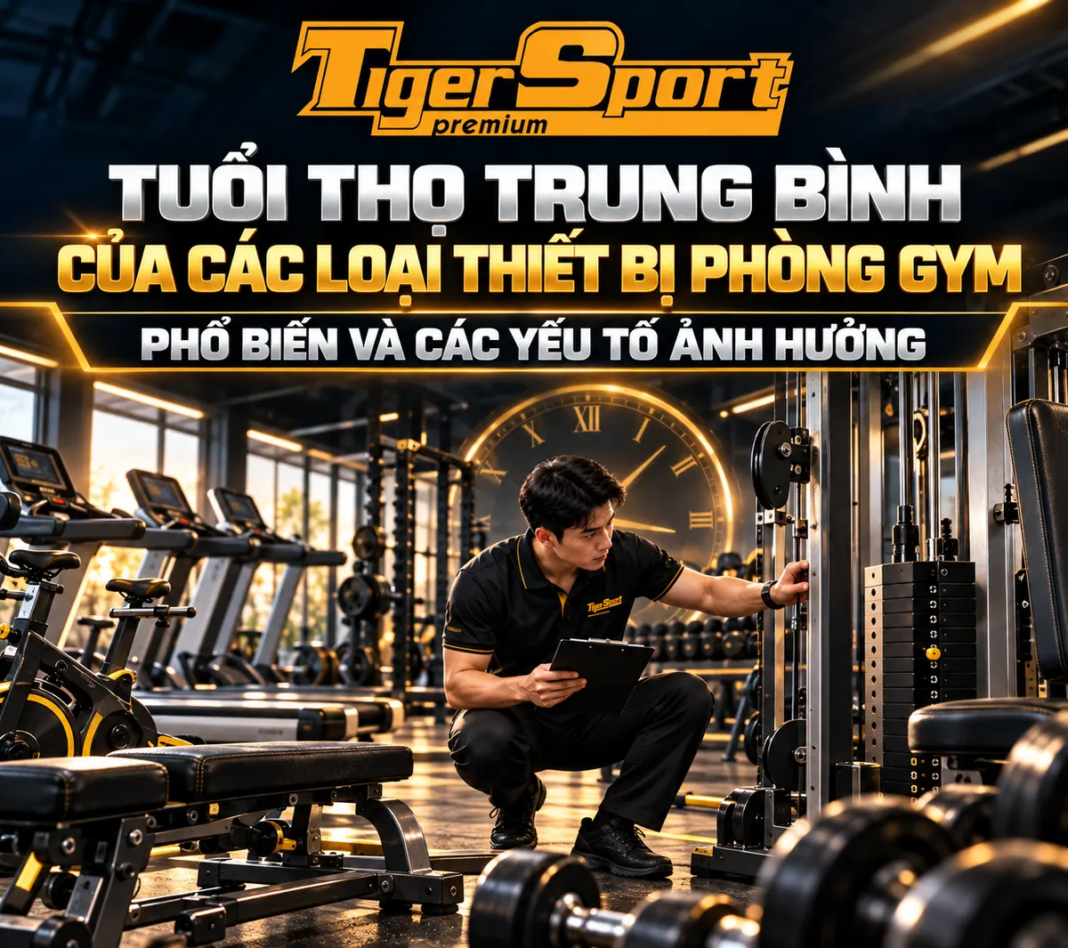 Một dãy máy chạy bộ và xe đạp tập mới, hiện đại, đang hoạt động tốt trong phòng gym, minh họa tuổi thọ trung bình của thiết bị cardio và tầm quan trọng của việc bảo trì.