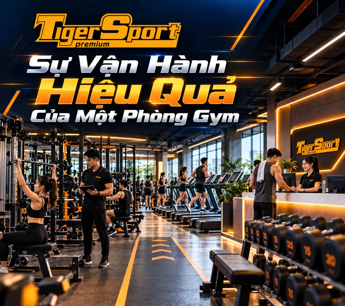 Hình ảnh toàn cảnh phòng gym hiện đại, sạch sẽ với đầy đủ thiết bị tập luyện chất lượng cao, thể hiện môi trường lý tưởng cho việc vận hành hiệu quả và thu hút hội viên.