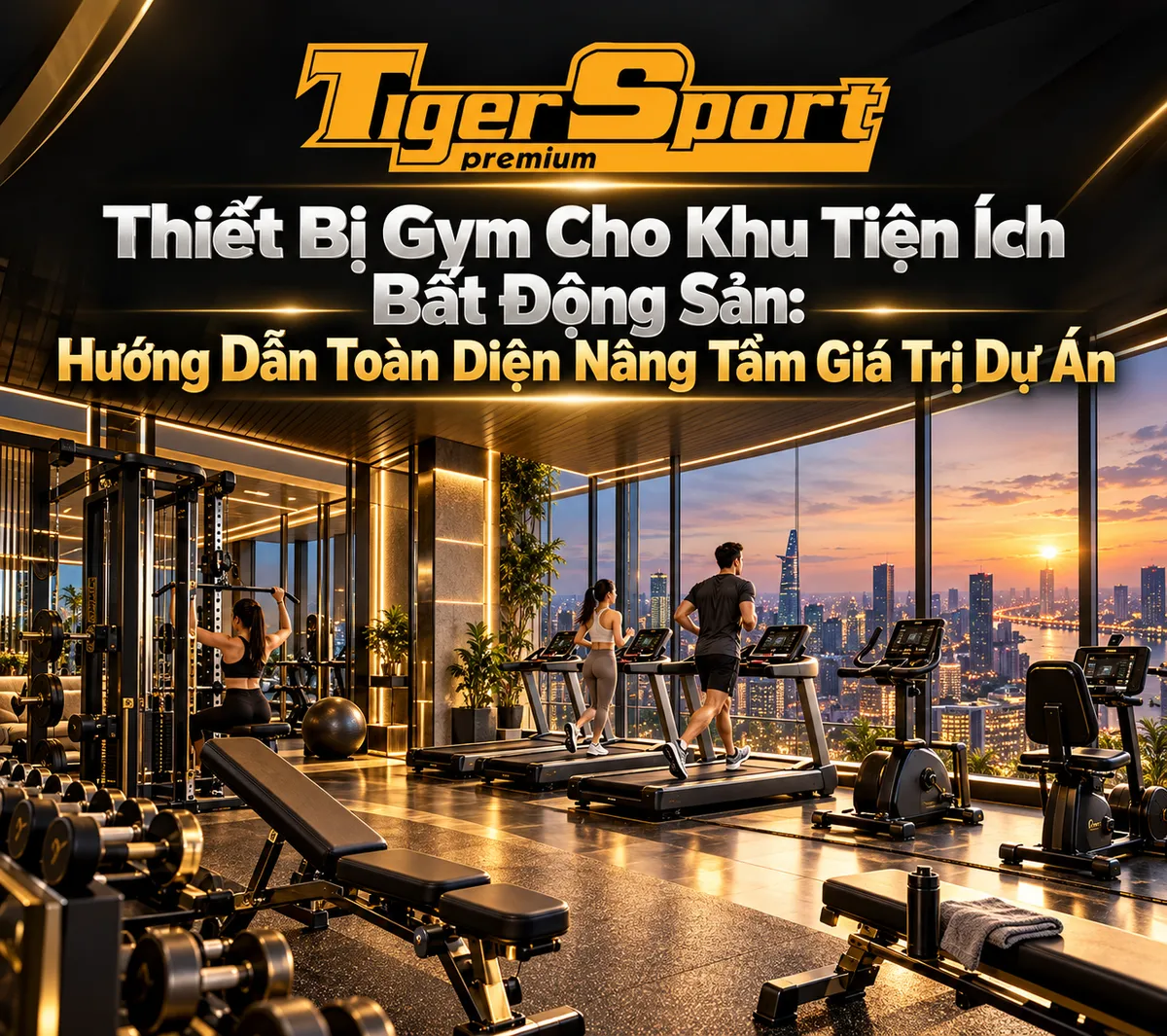 Phòng gym hiện đại trong khu căn hộ cao cấp, thiết bị gym thương mại, khung tập đa năng cho bất động sản.
