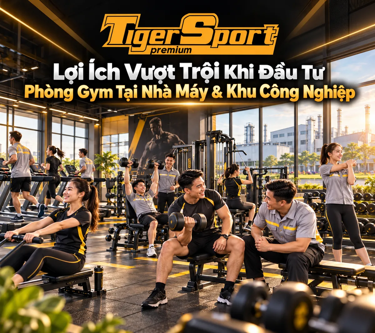 Công nhân viên vui vẻ, tràn đầy năng lượng tập luyện trong phòng gym của công ty, cải thiện sức khỏe.