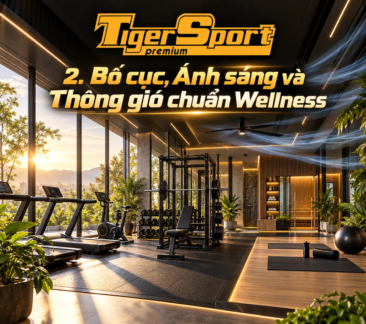 Home gym với ánh sáng tự nhiên, phòng tập tại nhà thiết kế bố cục thông minh, hệ thống chiếu sáng nhân tạo hợp lý tạo không gian rộng rãi thoáng đãng.