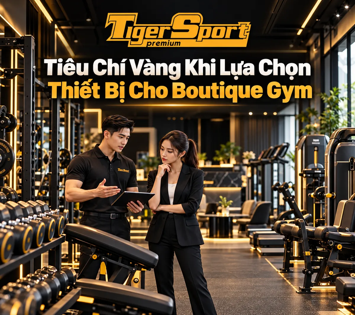 Infographic minh họa các tiêu chí quan trọng để lựa chọn thiết bị cho boutique gym: chất lượng, thiết kế, đa năng và công nghệ thông minh.