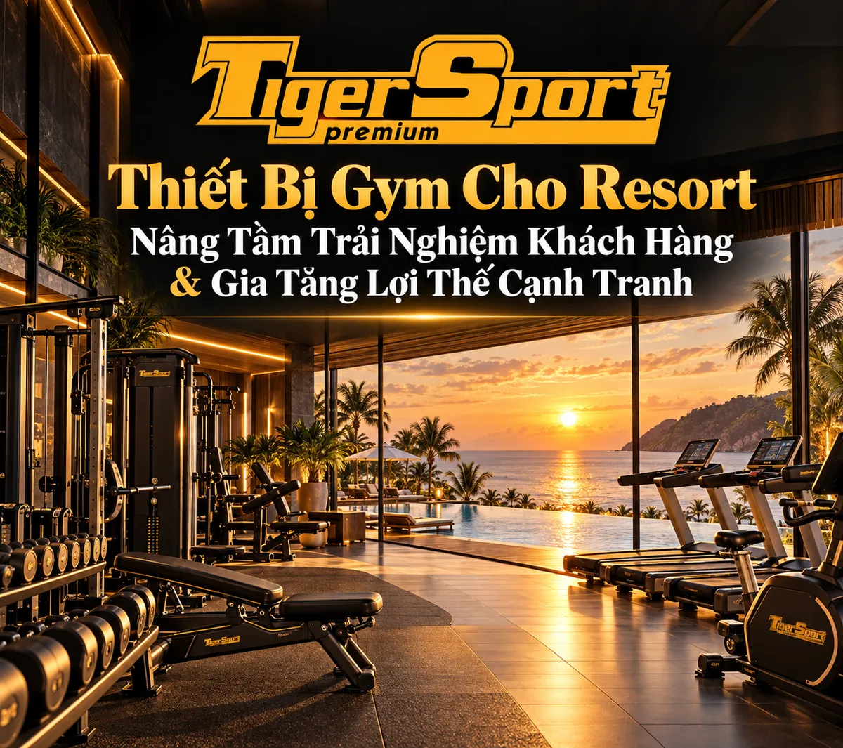 Phòng gym resort hiện đại, sang trọng với thiết bị tập gym cao cấp và view biển đẹp, nâng tầm trải nghiệm khách hàng.
