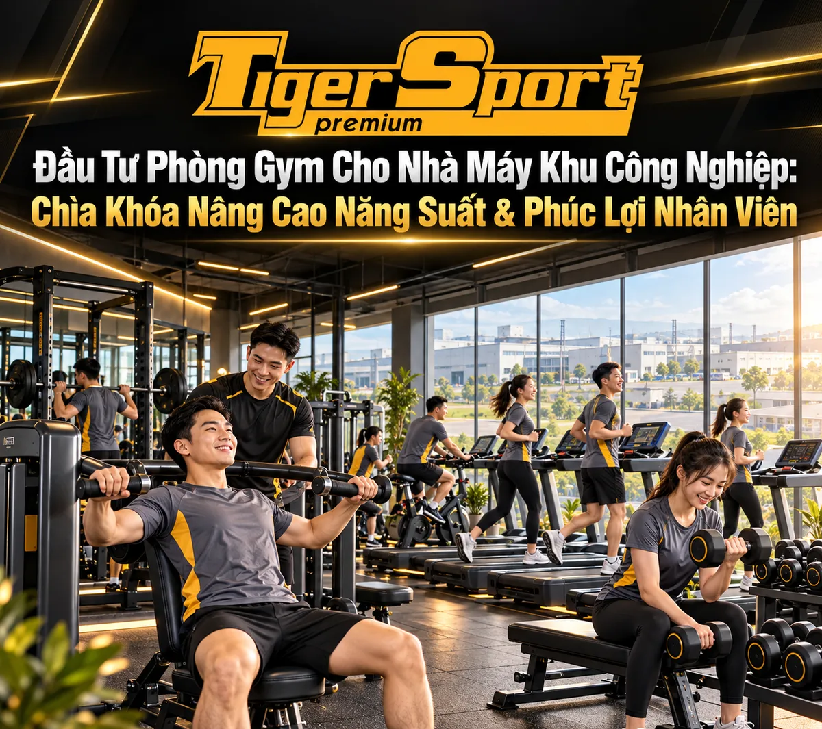 Tổng quan nhà máy hiện đại trong khu công nghiệp có phòng gym, biểu tượng phúc lợi nhân viên và nâng cao năng suất.
