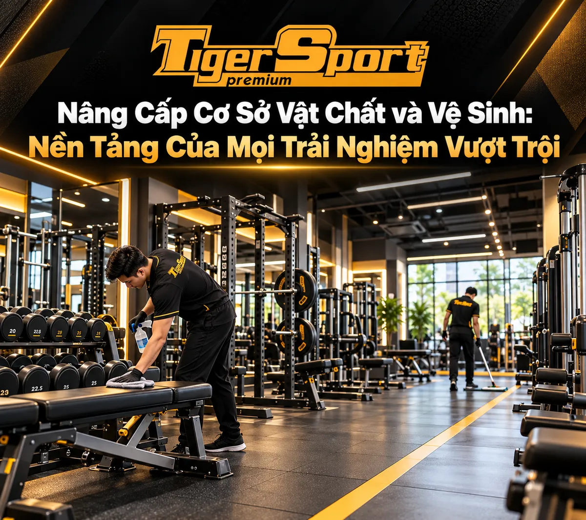 Khu vực tập luyện phòng gym sạch sẽ, thoáng đãng với ánh sáng tốt và máy tập hiện đại bố trí hợp lý, nền tảng tăng trải nghiệm hội viên.